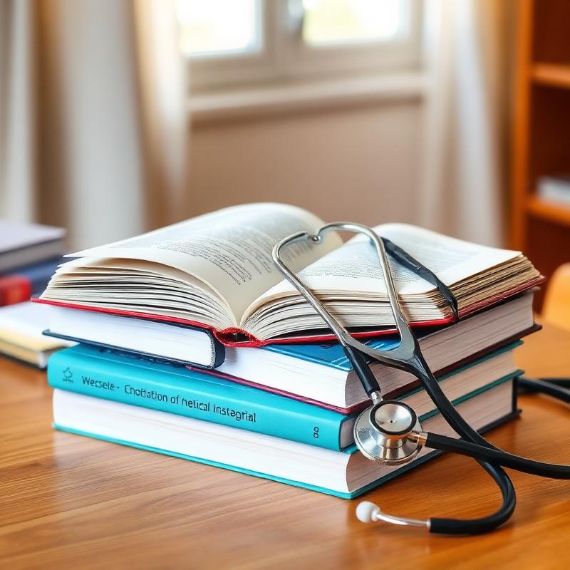 Stack of medical textbooks with a stethoscope