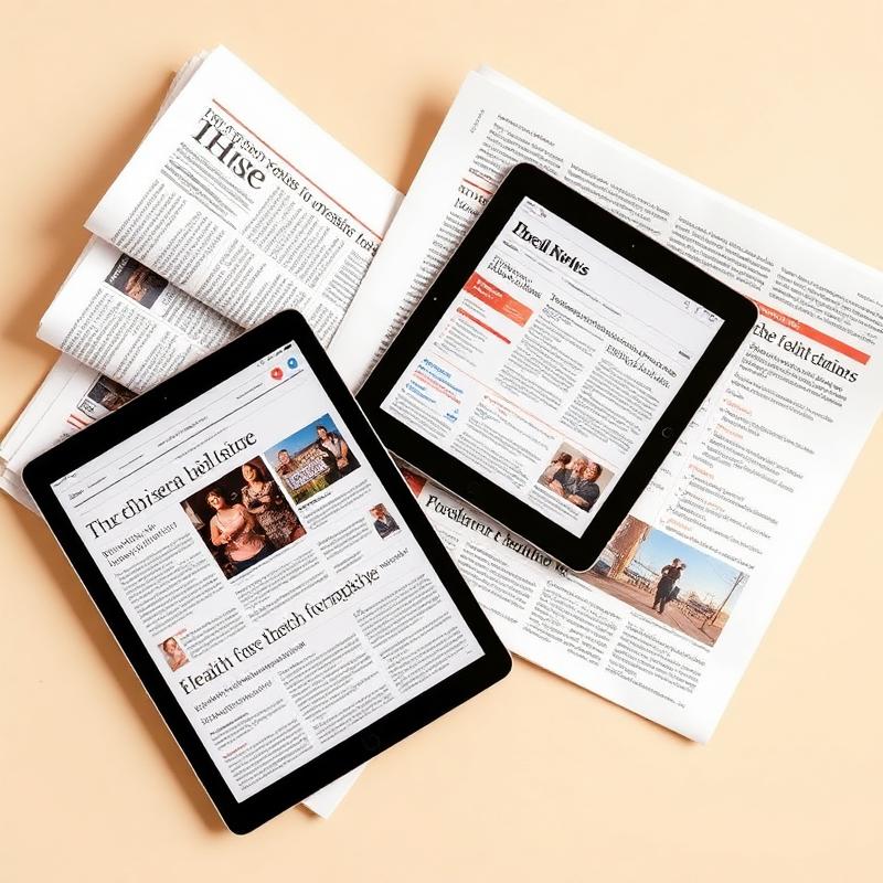 Newspapers and a tablet showing health news